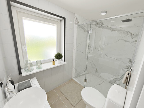 Helles Bad mit Glasdusche, Milchglasfenster und wenig Deko.