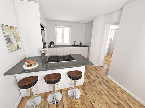 Moderne Küche mit grauer Arbeitsplatte und drei Barhockern.