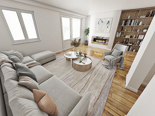 Wohnzimmer mit grauem Sofa, Couchtischen, Kamin und Regalen.