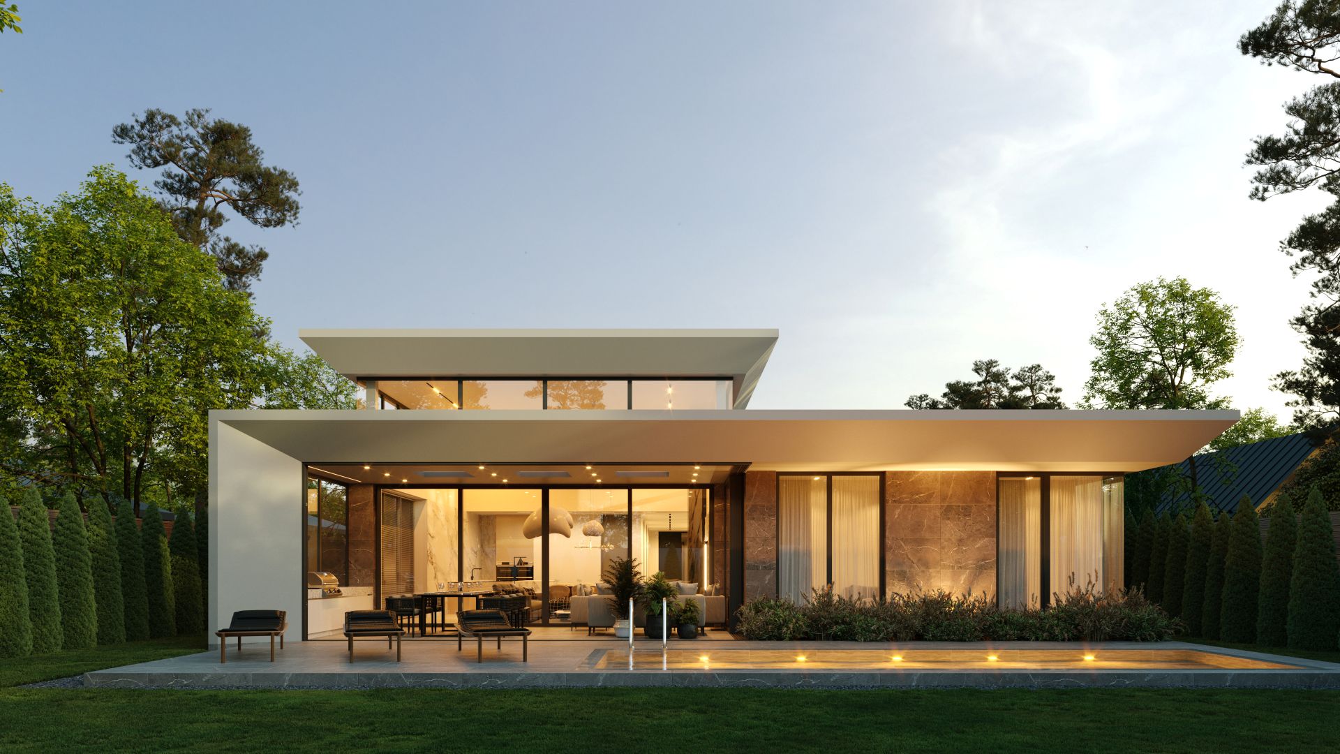 Modernes einstöckiges Luxushaus mit Flachdach, Panoramafenstern und beleuchtetem Pool.