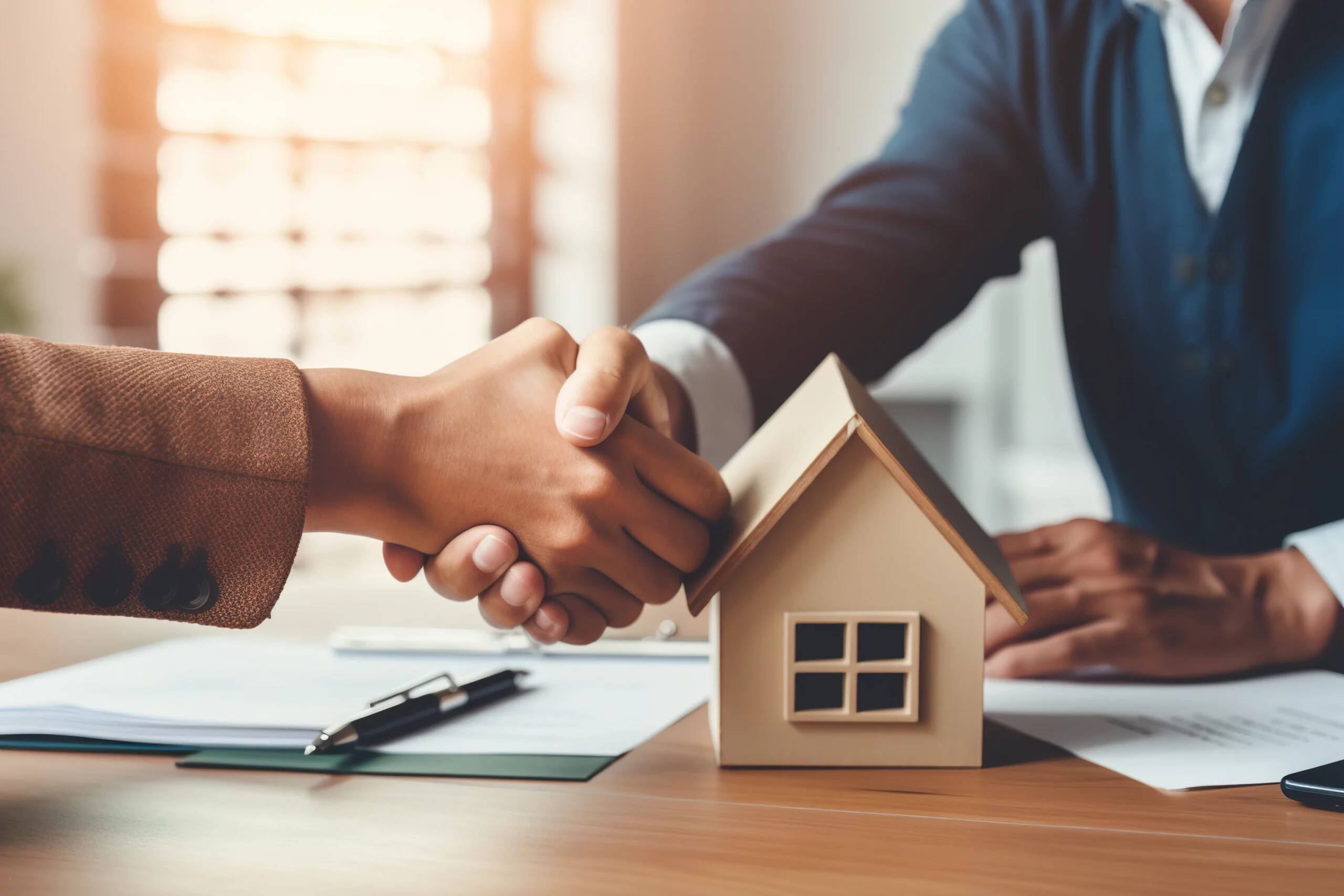 Männer schütteln sich die Hand über einem Hausmodell