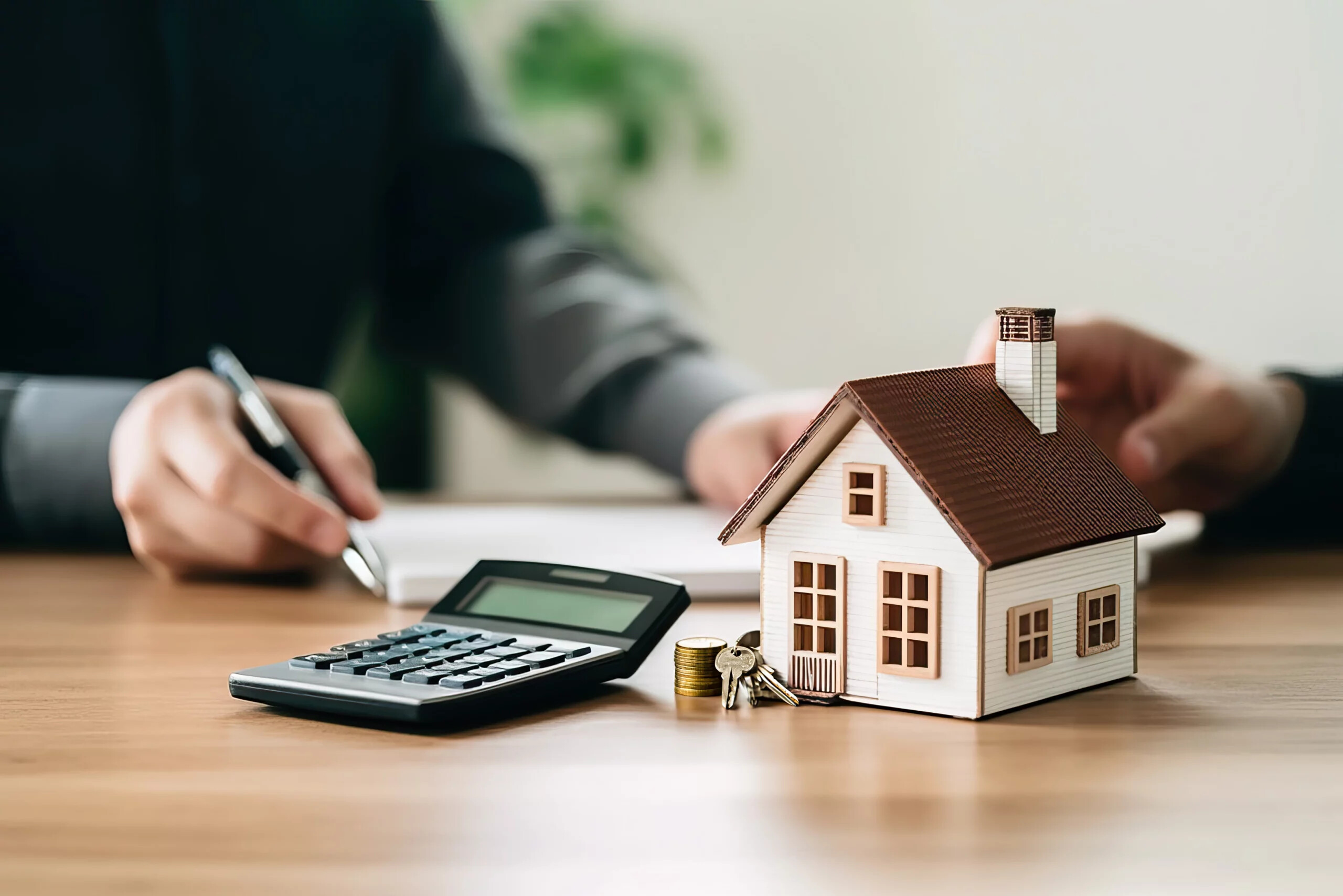 Modellhaus mit Taschenrechner auf Schreibtisch