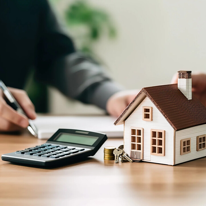 Modellhaus mit Taschenrechner auf Schreibtisch
