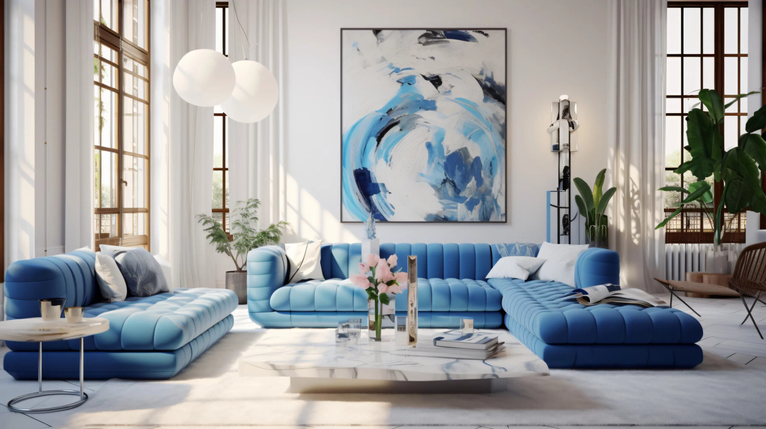 Wohnzimmer mit blauen Akzenten