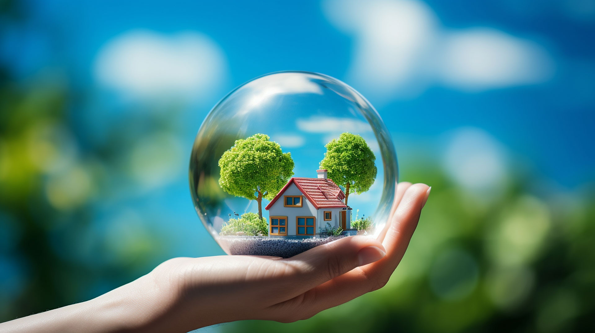 Hand mit Glaskugel, darin Haus und Bäume als Symbol für Schutz.