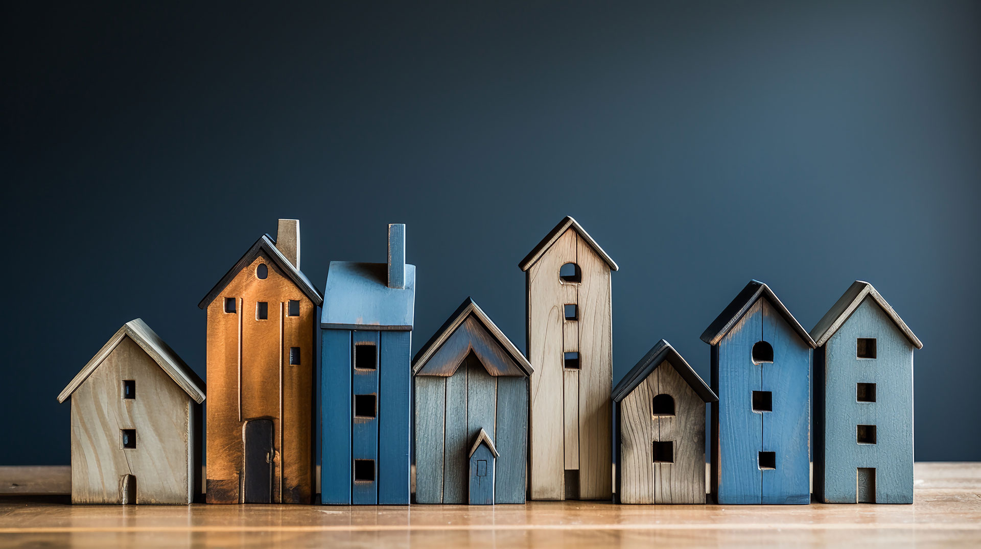 Bunte Holzhäuser auf Holz vor dunklem blauen Hintergrund.