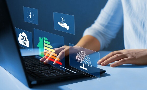 Symbole zur Energieeffizienz über Laptop