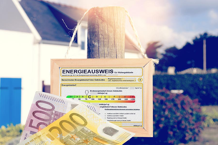 Energieausweis am Holzpfahl mit Geldscheinen.
