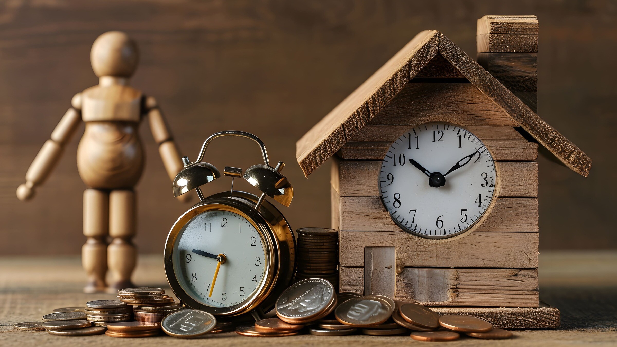 Modellhaus aus Holz mit integrierter Uhr neben einem hölzernen Mannequin