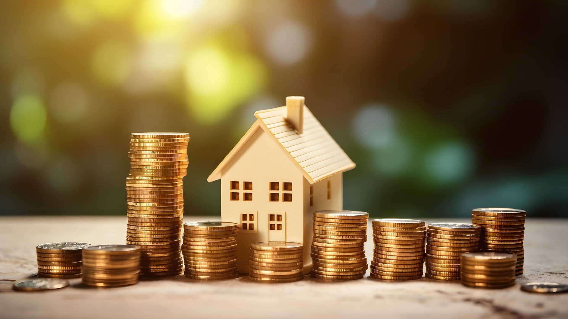 Münzstapel neben kleinem Modellhaus