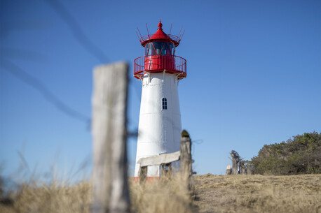 Ein weißer Leuchtturm mit roter Spitze steht auf einem grasbewachsenen Hügel, mit einem blauen Himmel im Hintergrund und einem Holzzaun im Vordergrund.