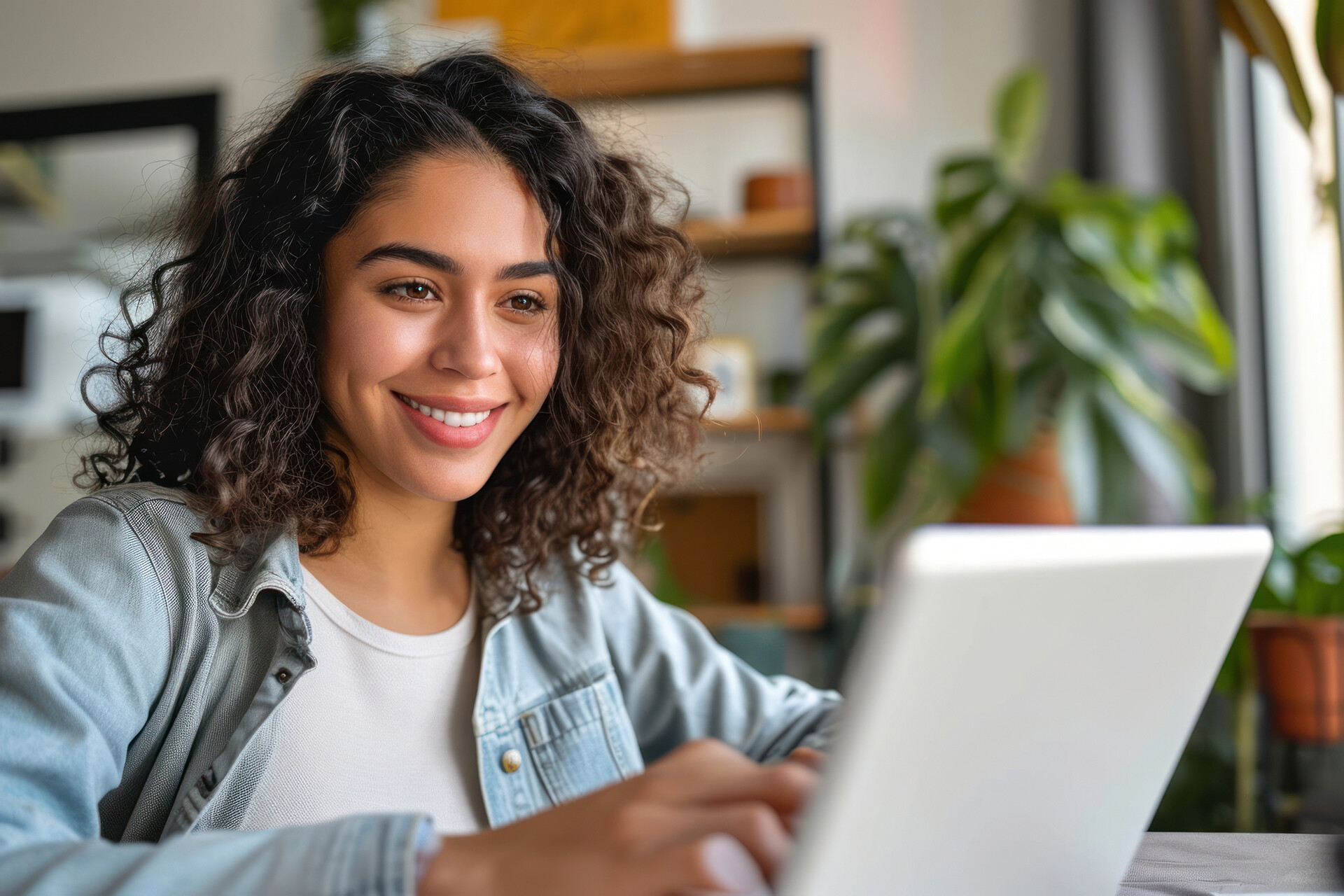Junge Frau sitzt am Tisch im Wohnzimmer am Laptop.