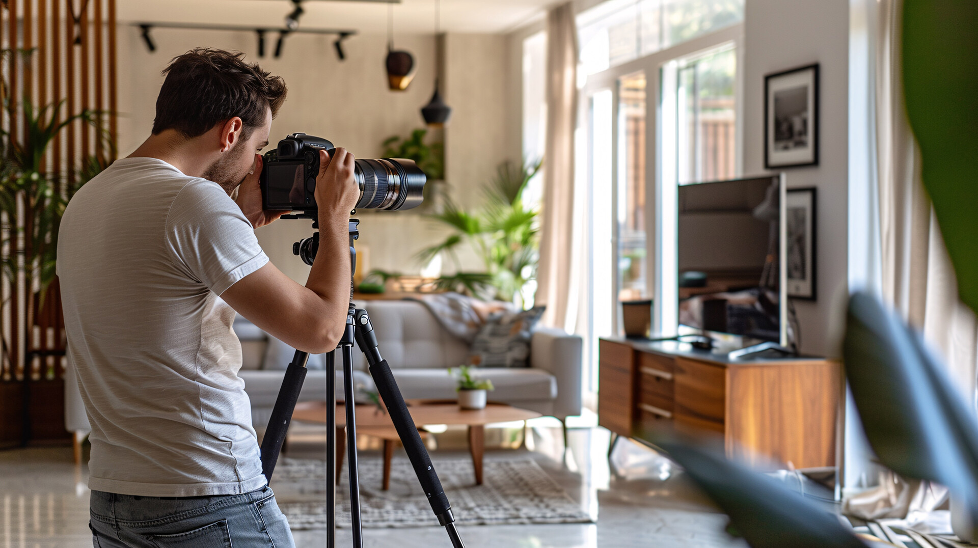 Fotograf erstellt Innenaufnahmen einer Wohnung für Immobilienanzeige und Präsentation.