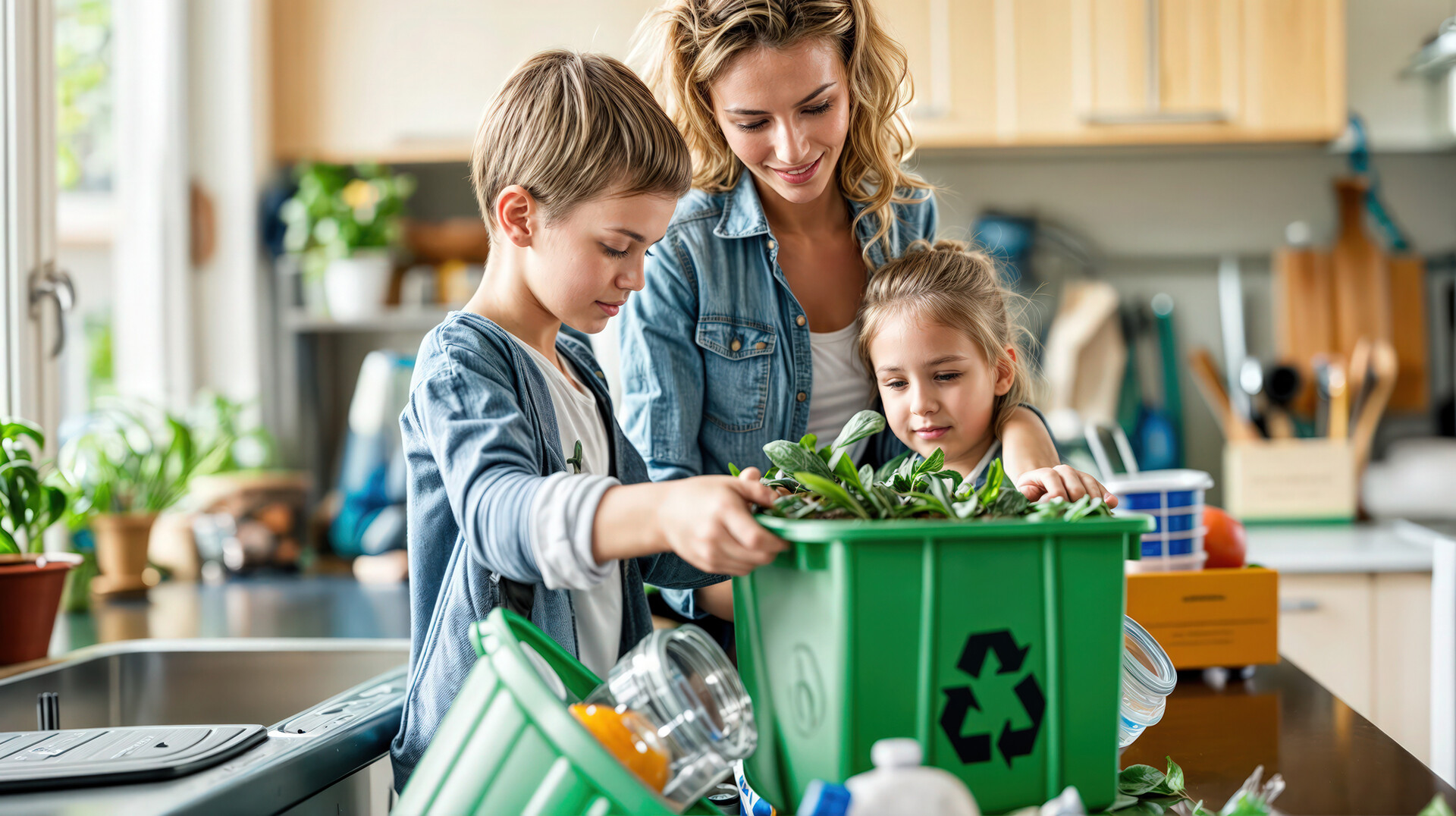 Familie trennt Müll und sortiert recycelbare Materialien gemeinsam in der Küche.
