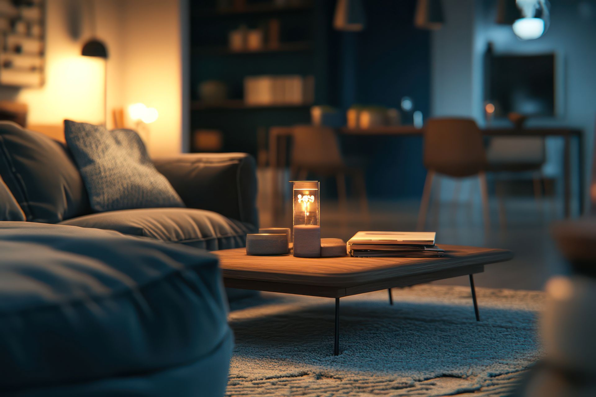 Wohnzimmer mit Kerze, Sofa und sanfter Beleuchtung.