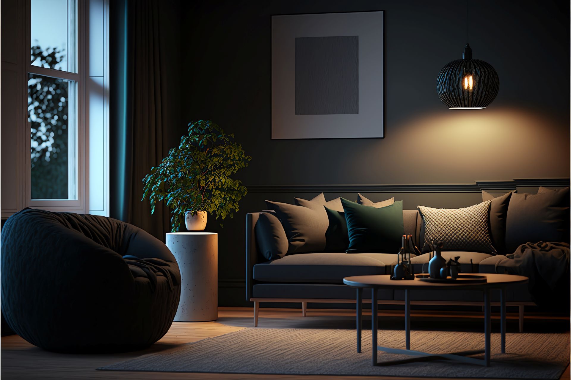 Wohnzimmer mit Sofa, Sitzsack, Pflanze und warmem Licht.