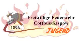 Logo mit Schlauch, Flammen und Text: Freiwillige Feuerwehr Cottbus/Saspow 1896 JUGEND.