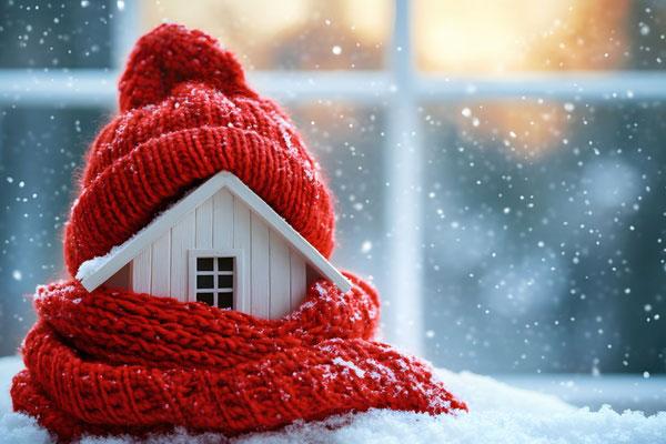 Modellhaus eingehüllt in roter Mütze und Schal mit verschneitem Hintergrund.