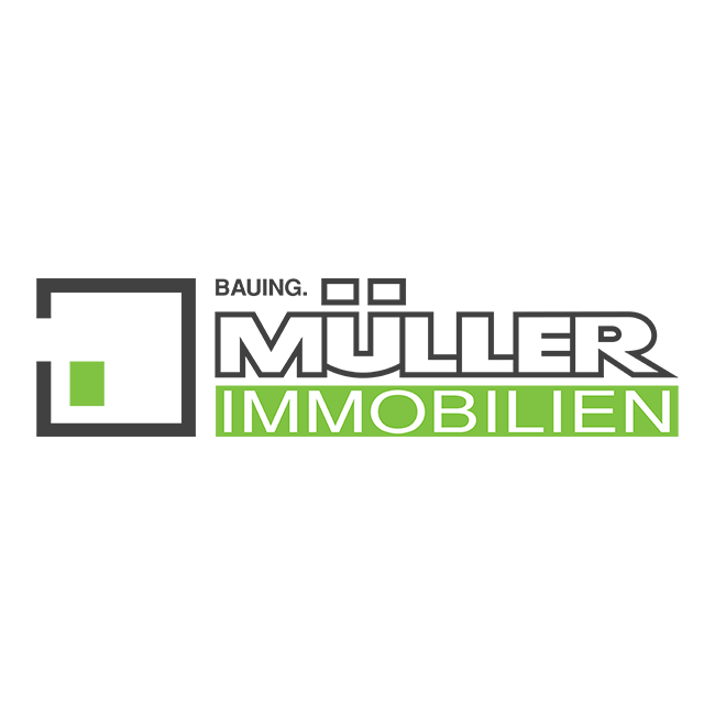 BAUING. MÜLLER IMMOBILIEN Logo, schwarz-grün auf Weiß.