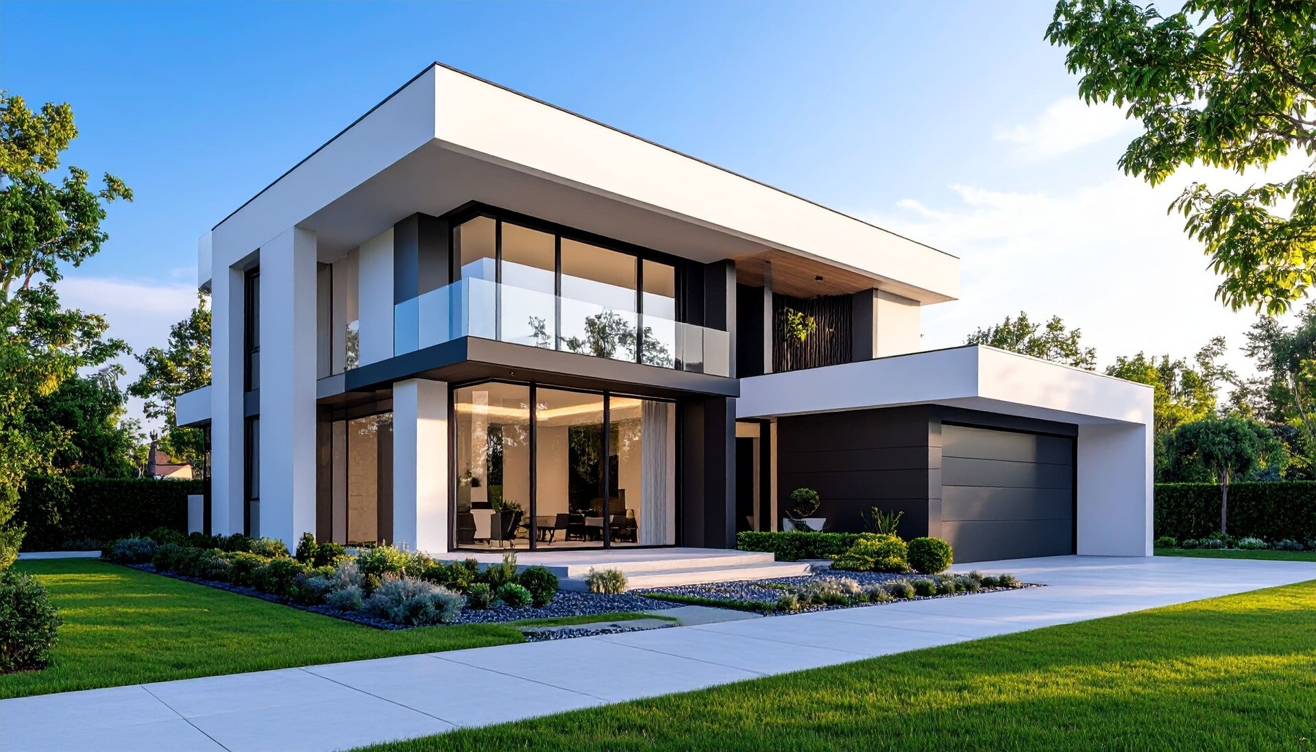 Zweistöckiges Haus mit großen Fenstern, Garage und gepflegtem Rasen.