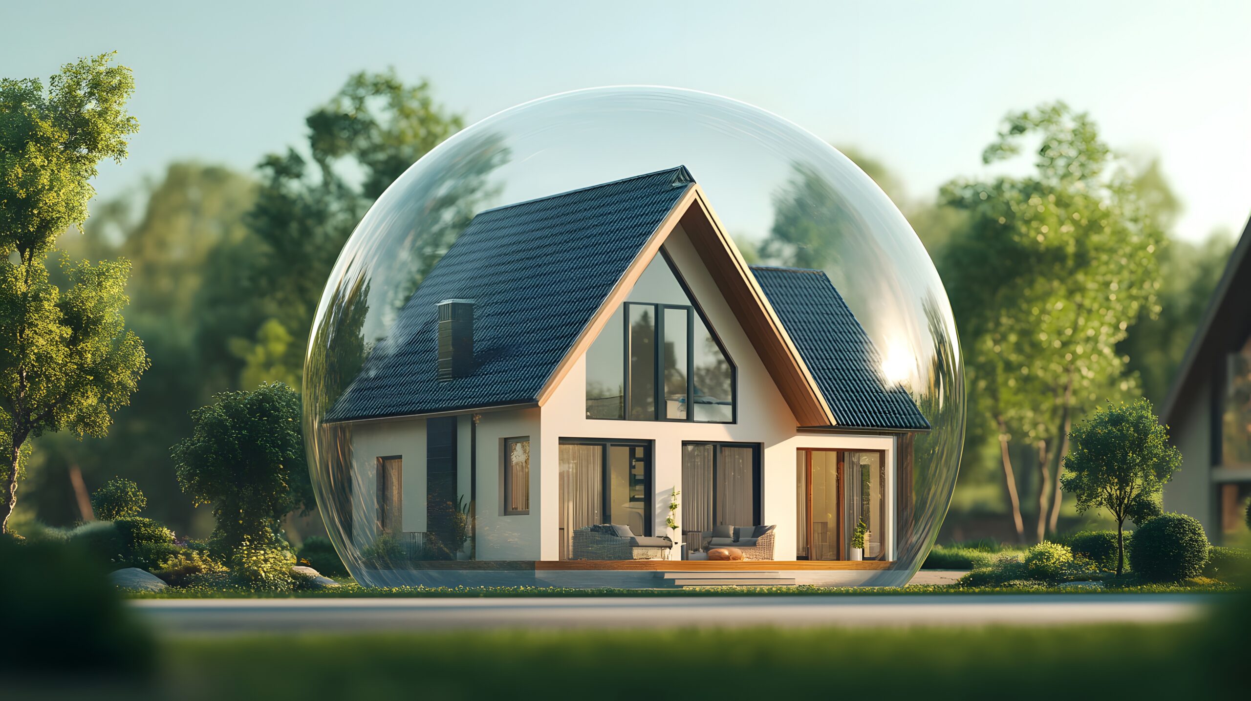 Modernes Einfamilienhaus geschützt unter einer transparenten Glaskuppel.