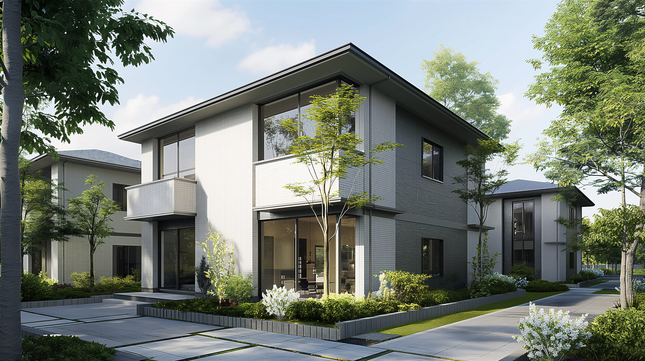 Moderne zweigeschossige Stadtvilla mit großen Fensterfronten und gepflegtem Vorgarten.