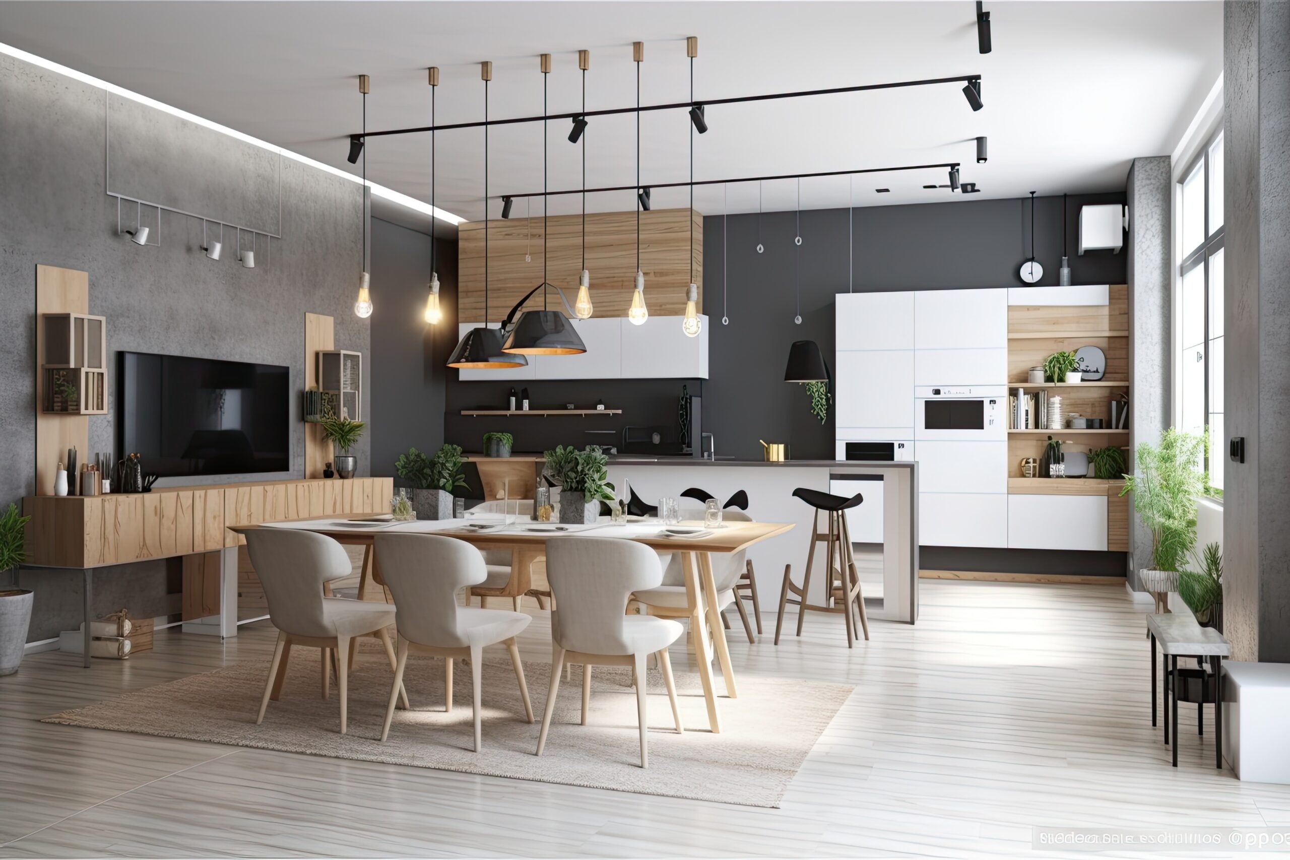 Moderner, offener Wohn- und Essbereich im Industrie-Stil.