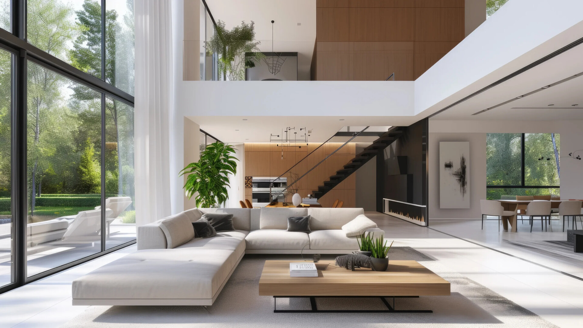 Luxuriöses Wohnzimmer in einer modernen Villa mit minimalistischer Einrichtung.