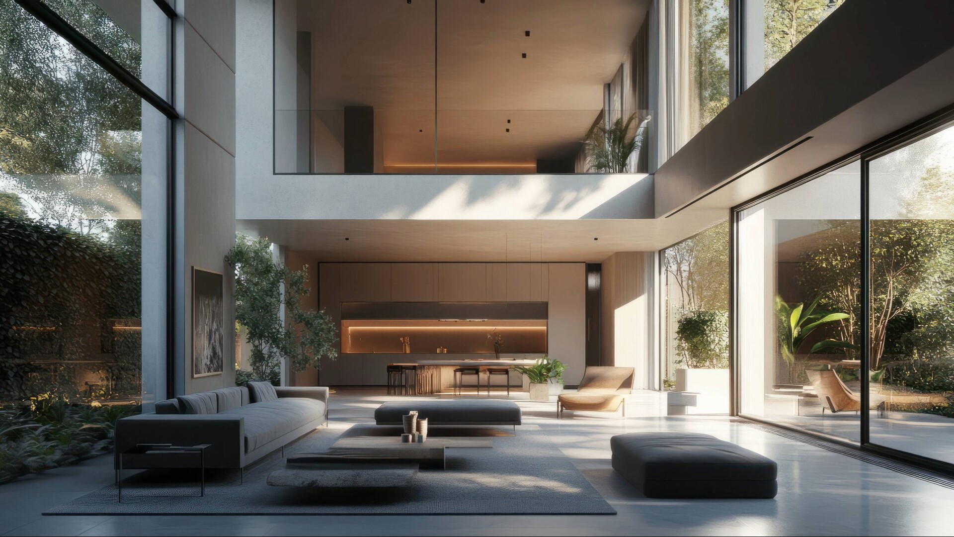 Modernes, lichtdurchflutetes Luxus-Wohnzimmer mit Designerküche in einer exklusiven Villa.