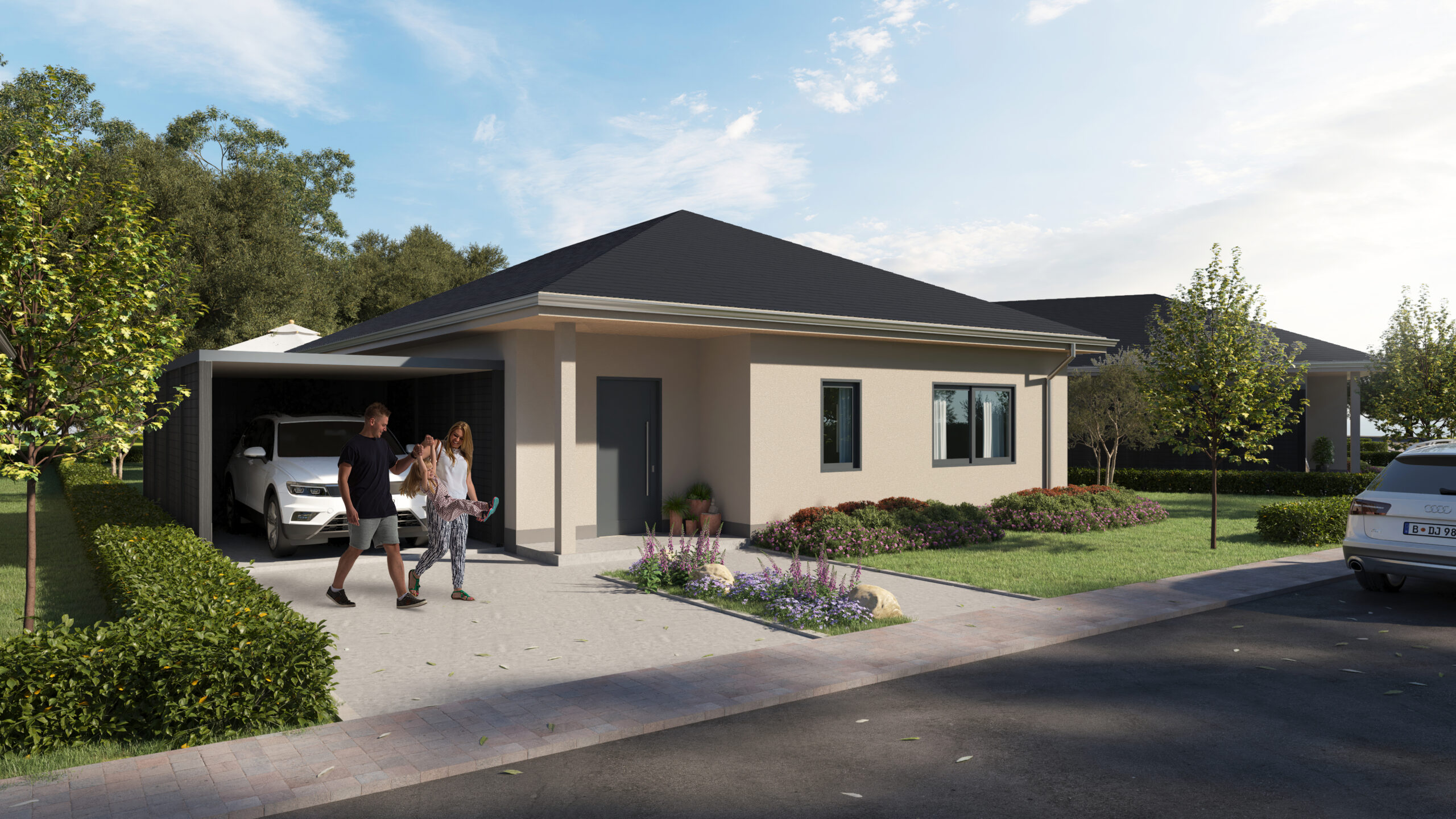 Familie vor Bungalow