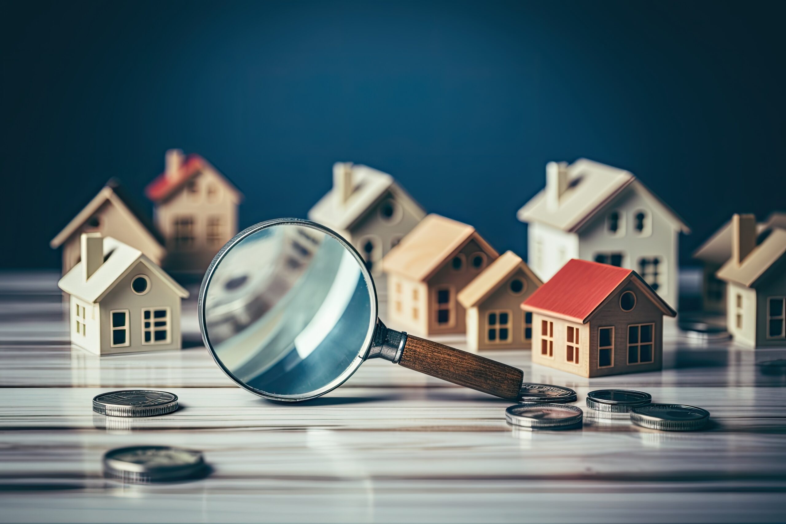 A model involving blue and white houses and a magnifying glass is used to represent the process of finding the perfect house property. It symbolizes the overall concept of house searching and emphasizes the significance of home insurance.