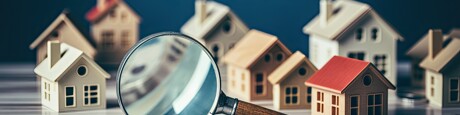 A model involving blue and white houses and a magnifying glass is used to represent the process of finding the perfect house property. It symbolizes the overall concept of house searching and emphasizes the significance of home insurance.
