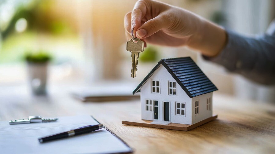 Frau hält Schlüssel für Haus