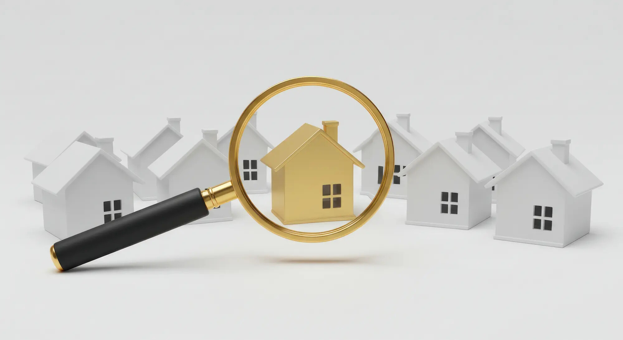 Goldenes Haus unter weißen Häusern, Lupe im Fokus, weißer Grund.