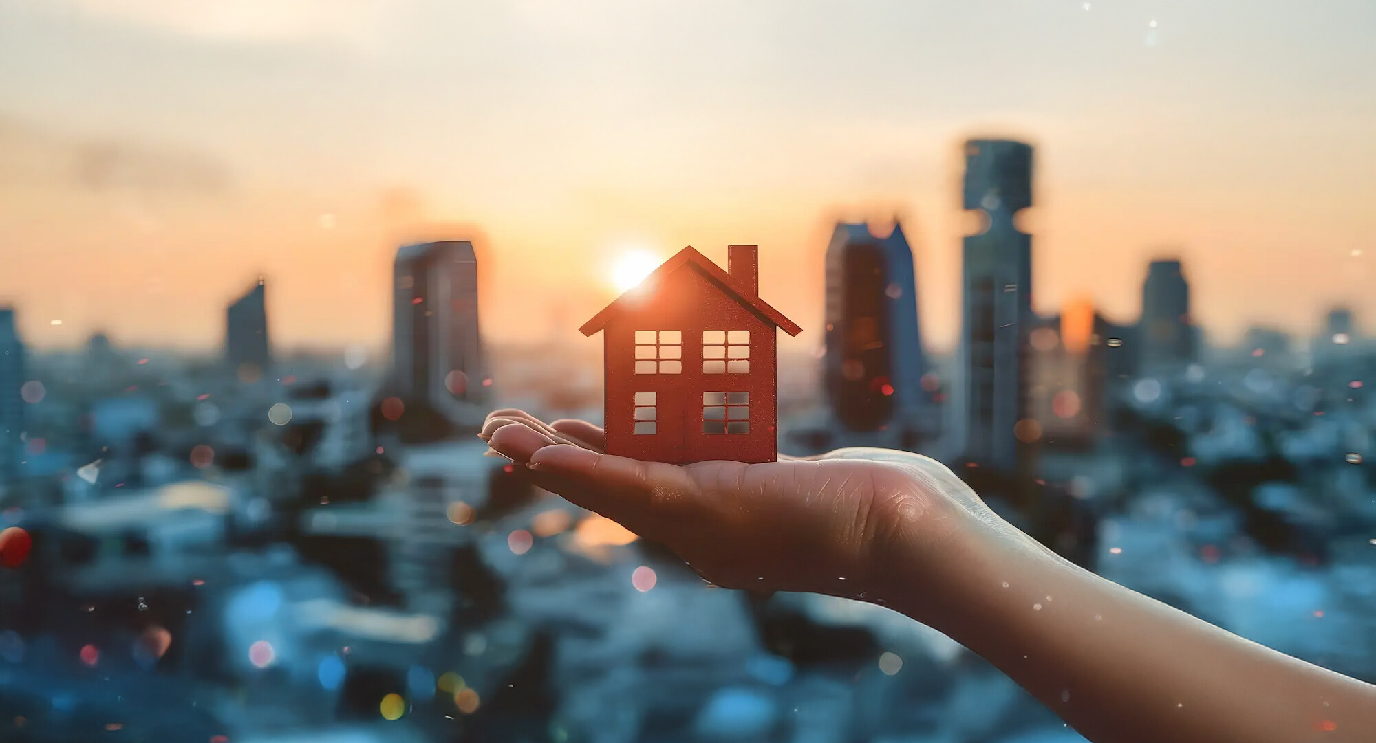 Hand hält kleines Haus vor Stadt bei Sonnenuntergang.