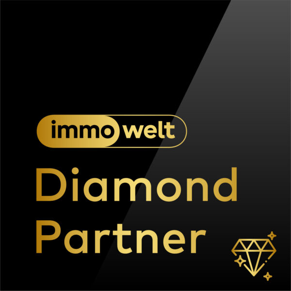 ImmoWelt Diamant Partner Logo, gold Text, Diamant auf Schwarz.