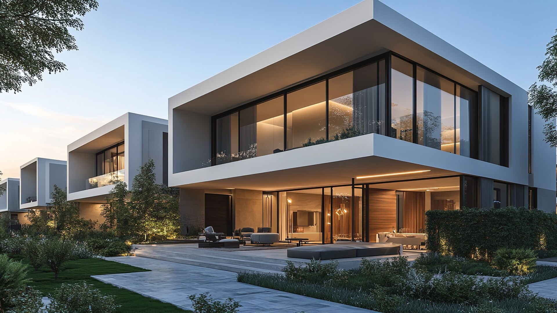 Minimalistisches Wohnhaus mit Steinfliesenverkleidung: Ein Außenbereich