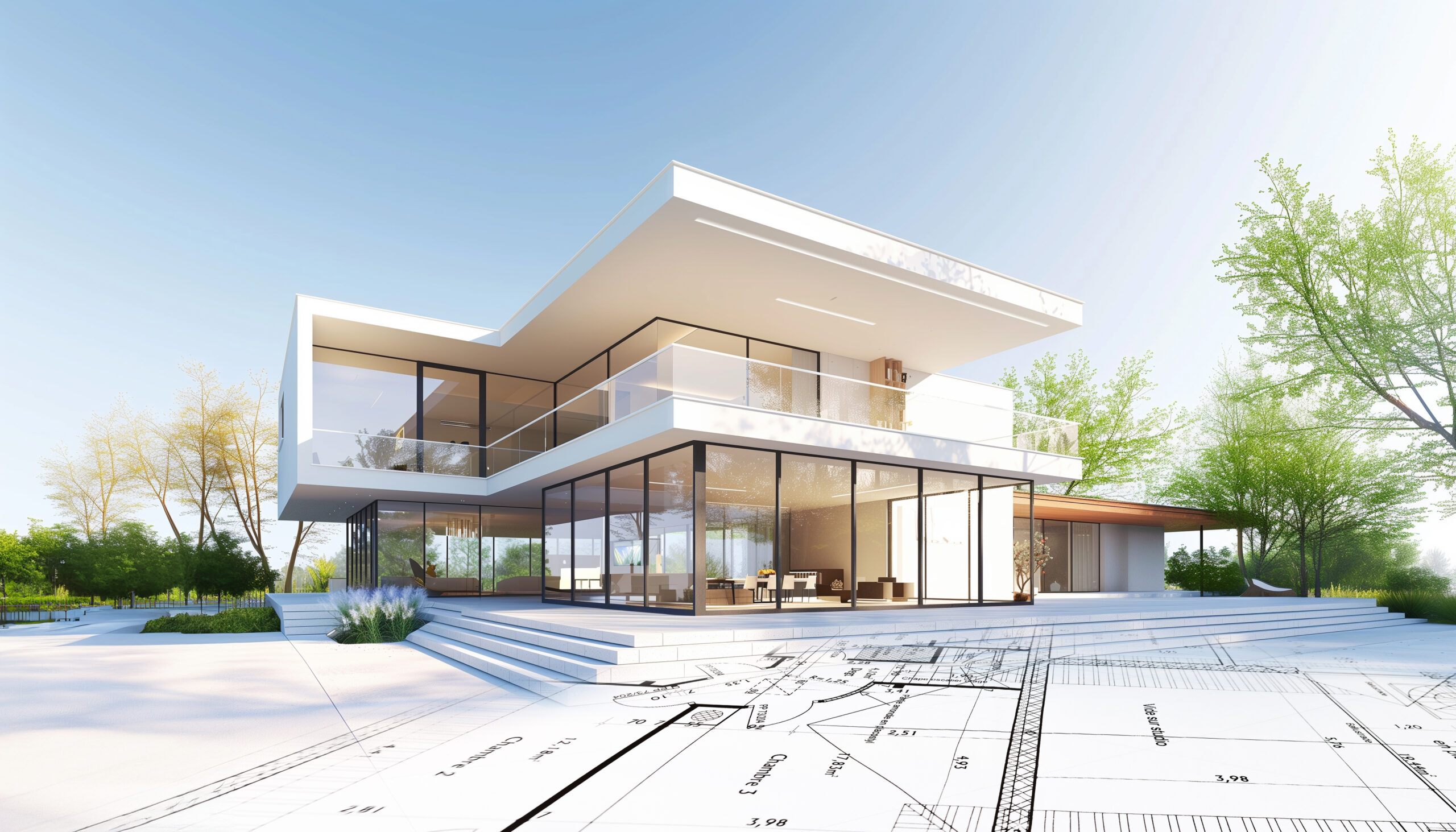 Bauprojekt mit Plan eines Architekten für ein modernes weißes Haus mit großen Fensterfronten