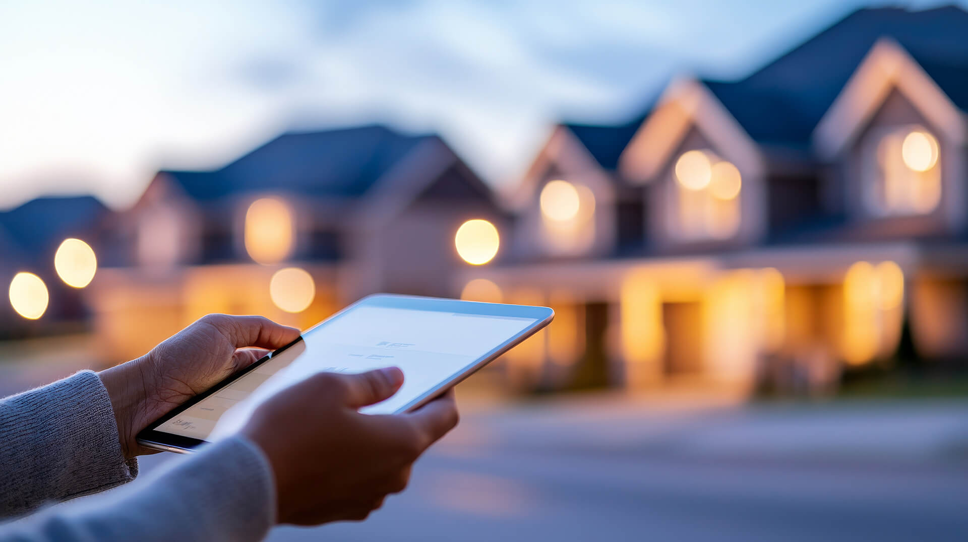 Person mit Tablet im Freien, verschwommene Häuser und Lichter in der Abenddämmerung.