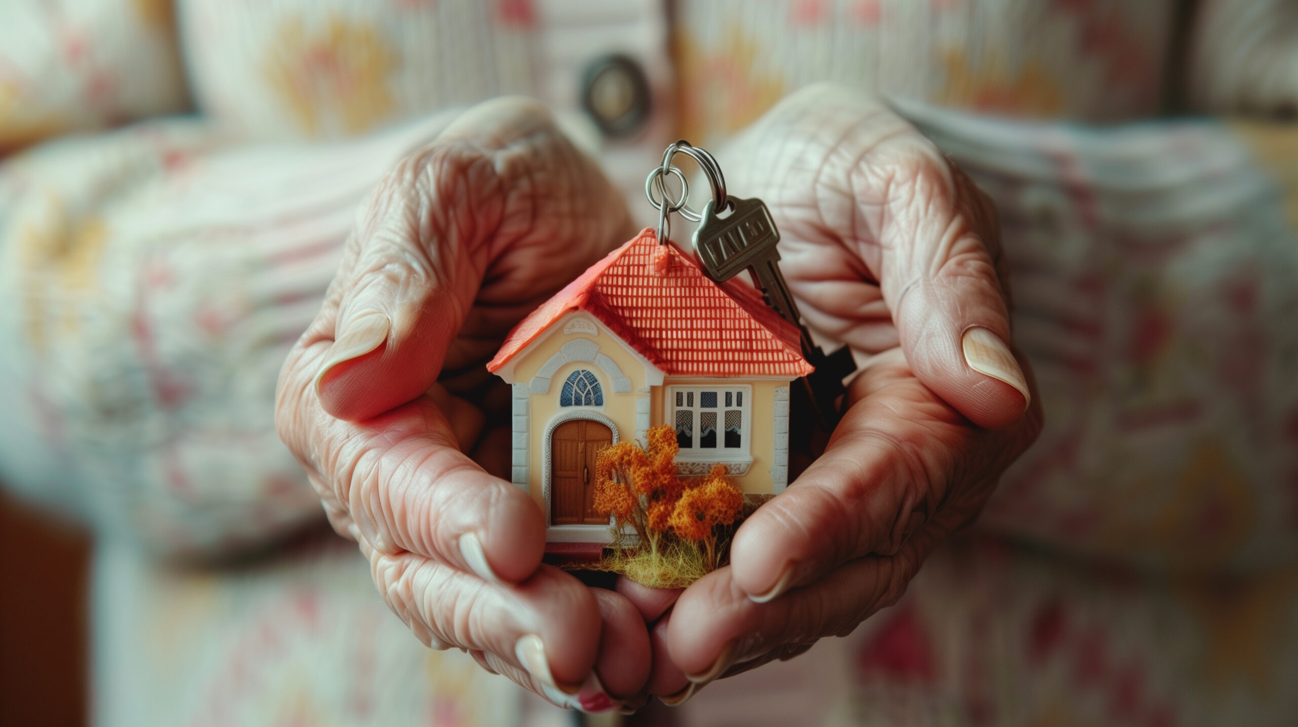 Alte Händen halten Modellhaus