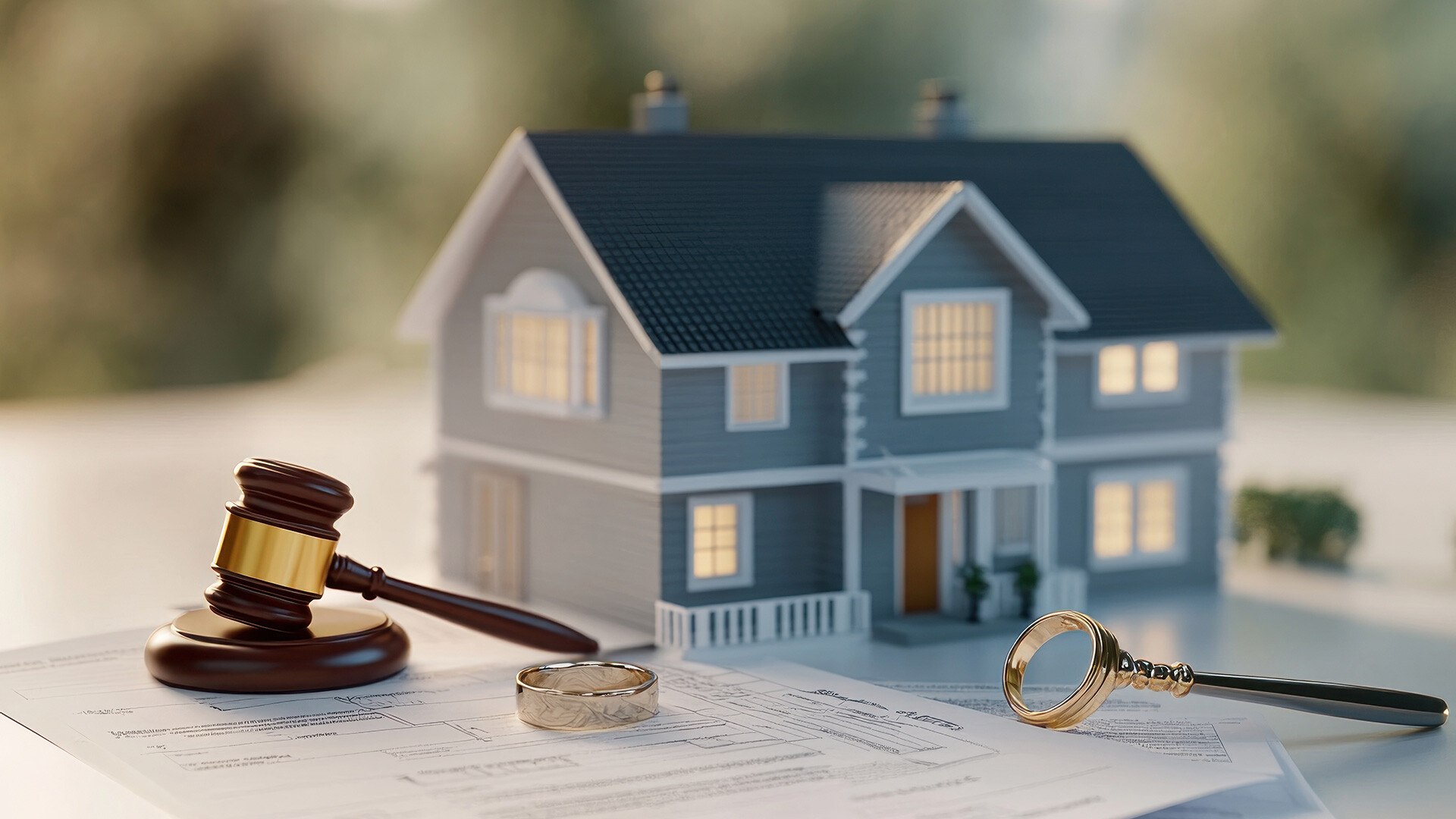 Modellhaus mit Richterhammer, Scheidungspapieren und Ehering