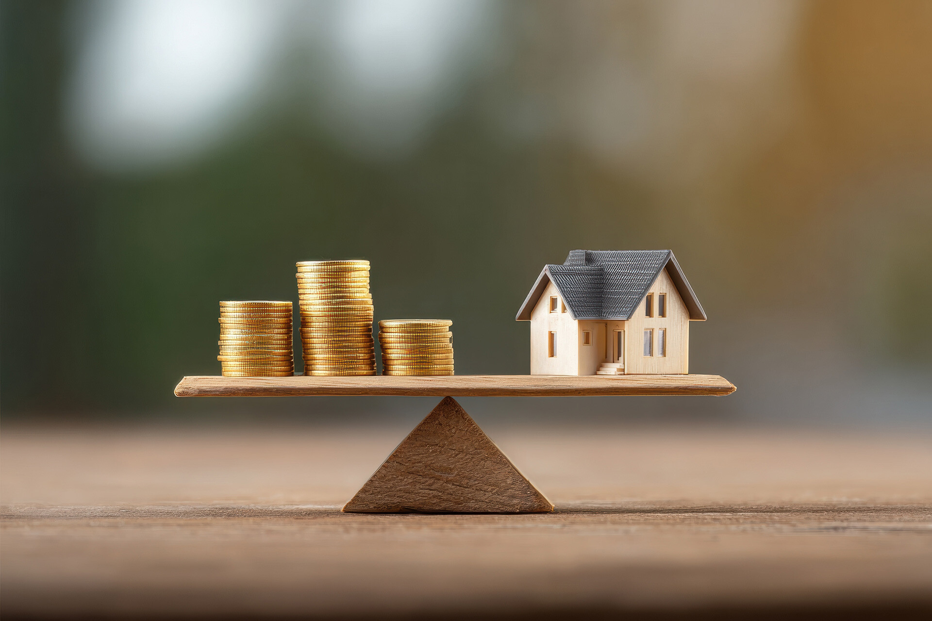 Münzen und Modellhaus ausgeglichen auf Wippe