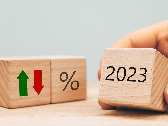 Drei Holzwürfel mit Rot und grünen Pfeilen, Prozentzeichen und der Aufschrift "2023"
