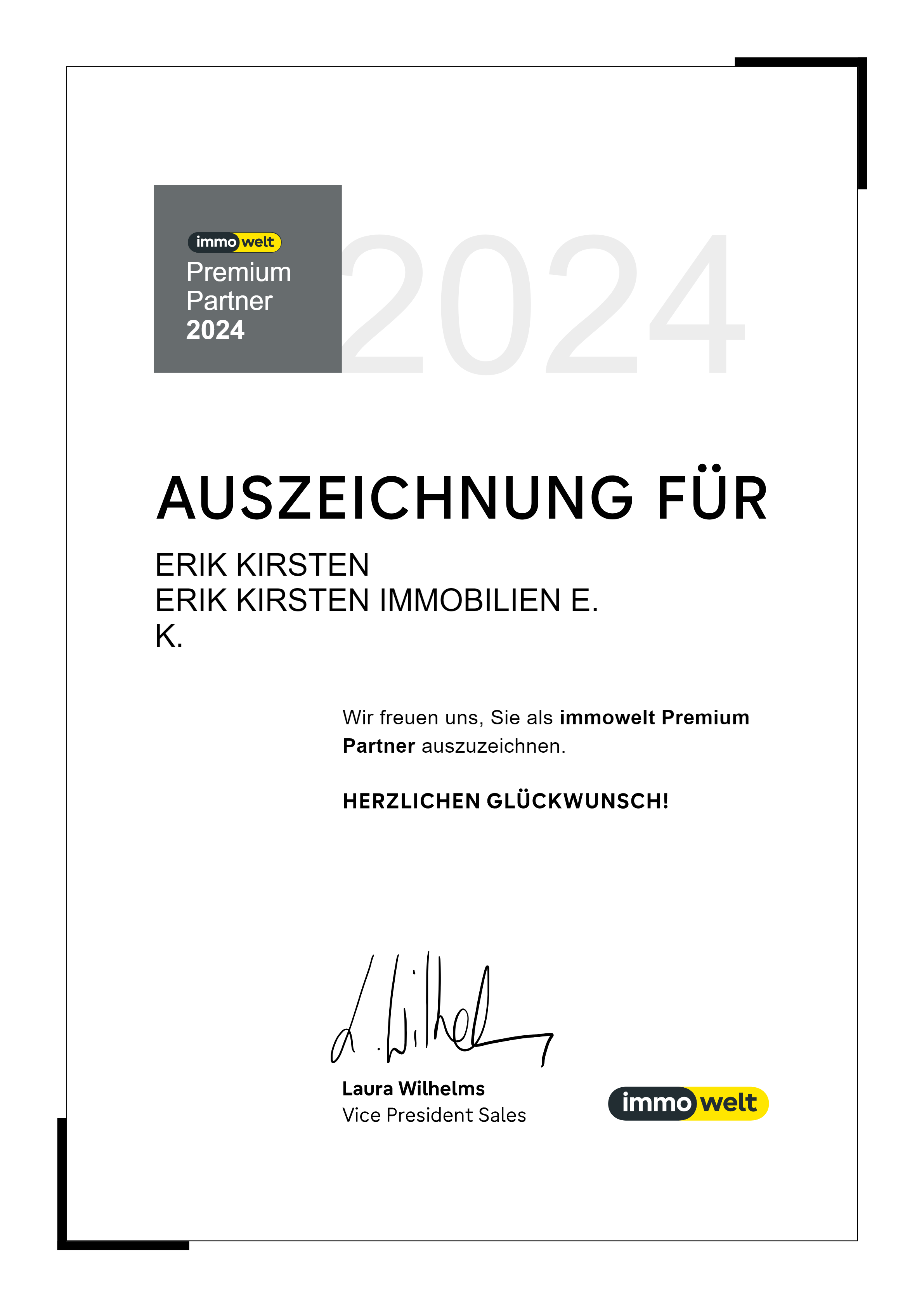 Auszeichnung von immowelt zum Premium Partner