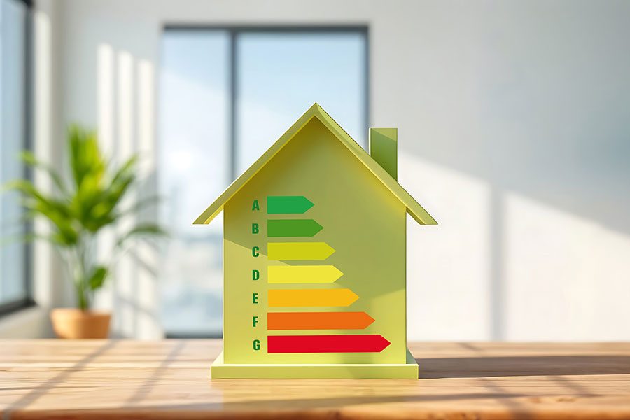 Grünes Modellhaus mit Energieskala als Symbol für den Energieausweis