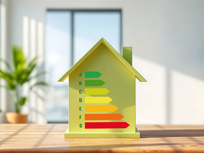 Grünes Modellhaus mit Energieskala als Symbol für den Energieausweis