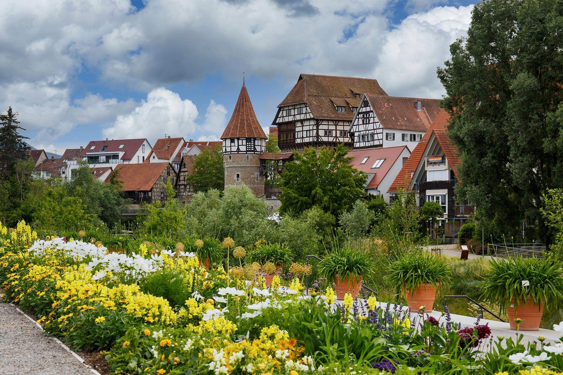 Blick auf das Zollernschloss, im Vordergrund bunte Blumen