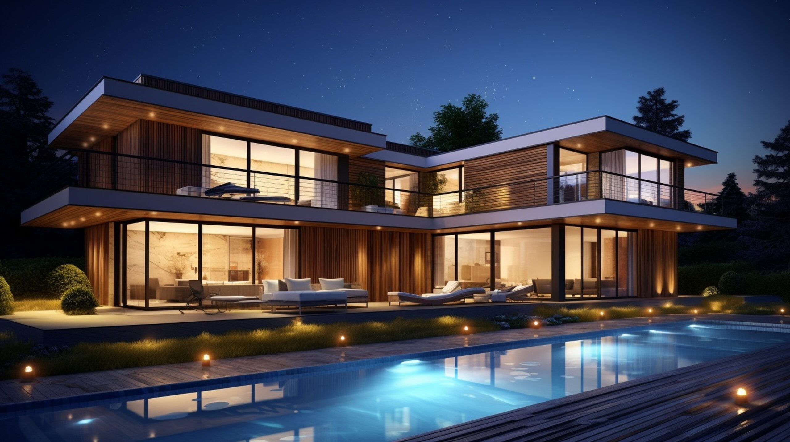 Luxushaus mit Pool bei Nacht mit moderner Architektur und Beleuchtung.
