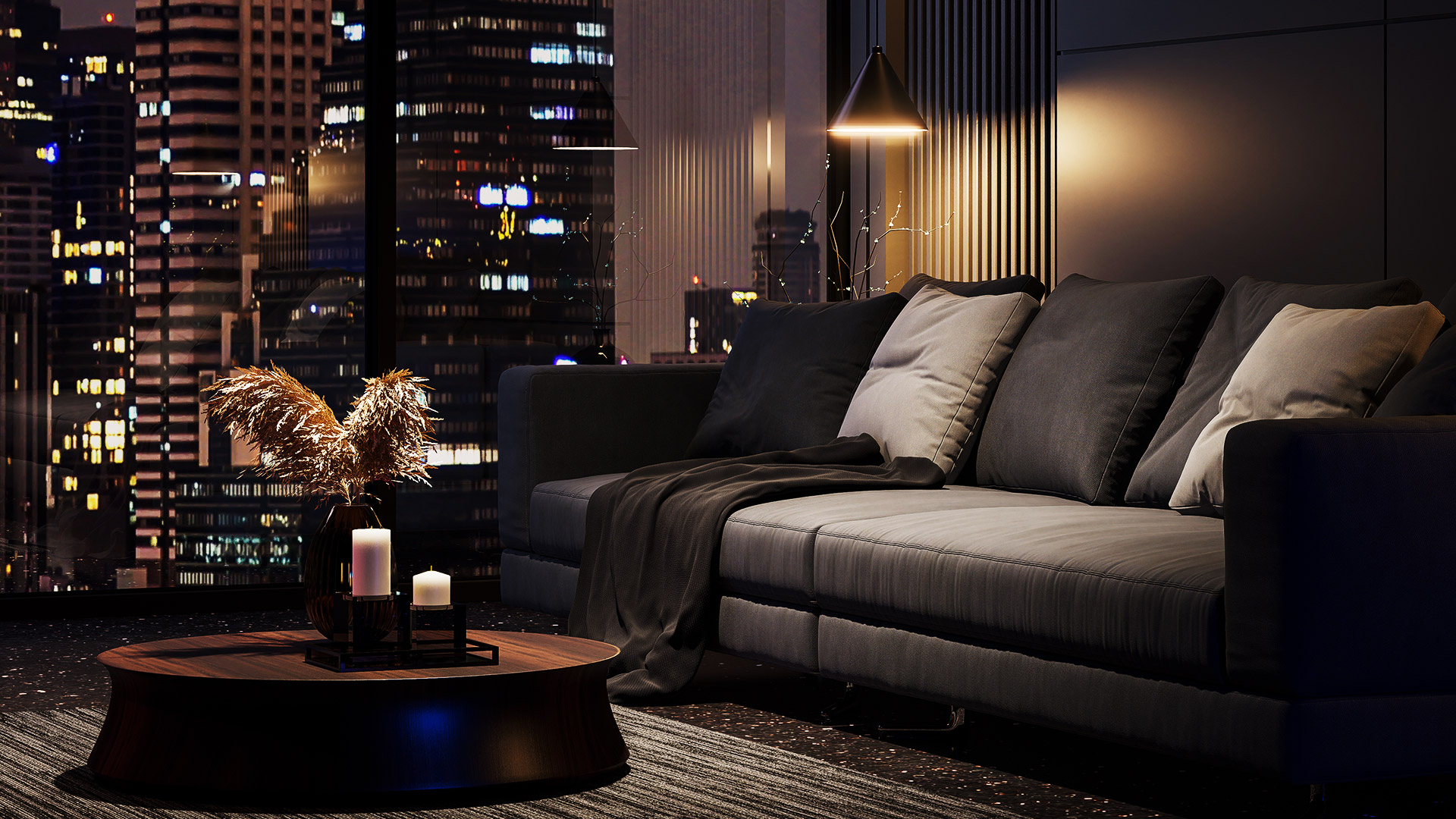 Luxuriöses schwarzes Wohnzimmer mit Stadtblick bei Nacht und moderner Einrichtung.