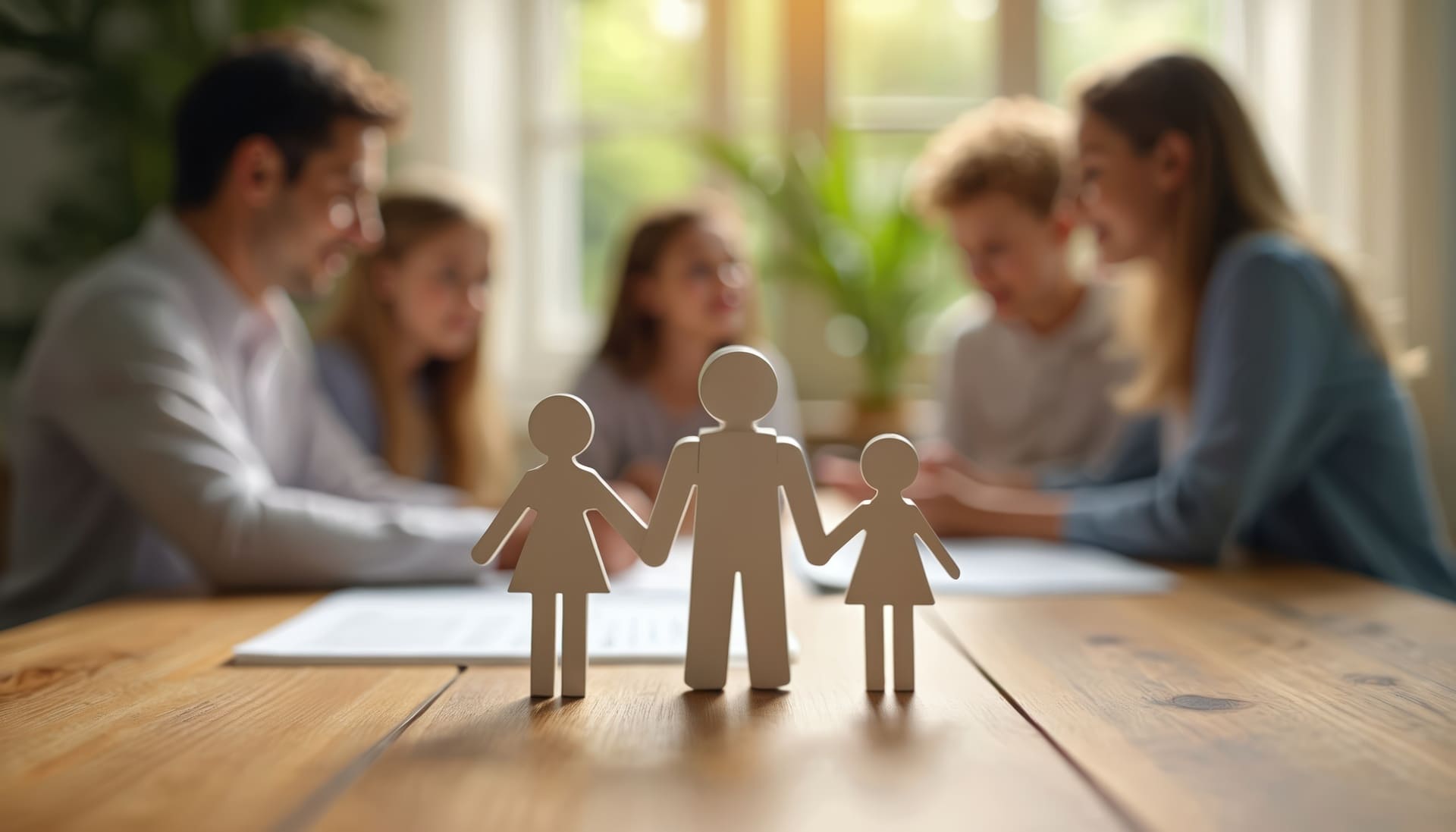 Familie bespricht am Tisch Erbe mit Holzfiguren im Vordergrund.